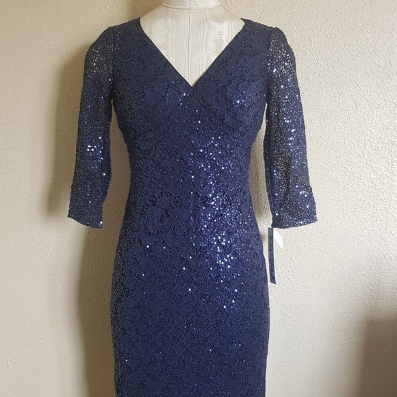NWT Kay Unger Sequin Lace V-Neck Sheath Dress - Picture 3 of 10